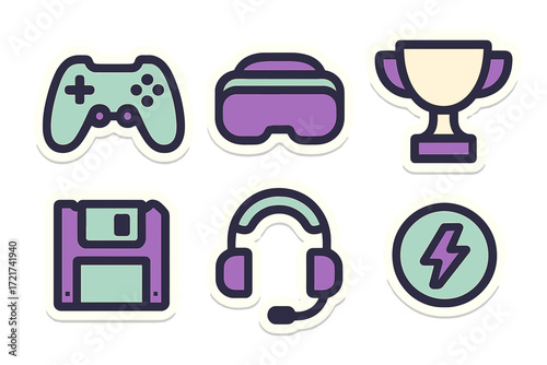 Modern gaming and retro technology symbols including controller, VR headset, trophy, floppy disk, and headphones