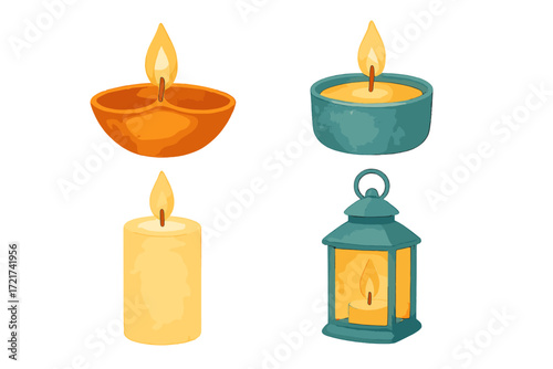 Collection of glowing candles, traditional oil lamps, and decorative lanterns emitting warm light, creating a cozy and festive atmosphere