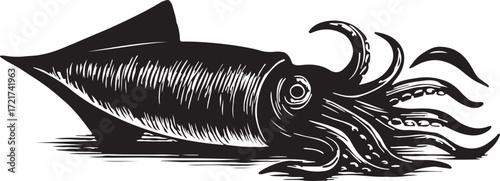 Dramatic black and white illustration of a colossal squid with tentacles emerging from its mantle in a stylized artistic rendering