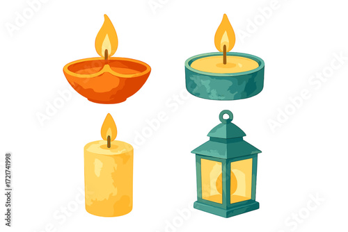 Collection of various burning candles, traditional oil lamp, and decorative lantern for festive occasions and spiritual events