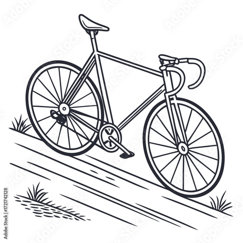A bicycle with thin frame and wheels is positioned on a sloped surface with grass and lines drawn