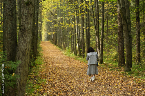 A brunette woman walks along the path of an autumn forest or park, rear view. Golden foliage under her feet.