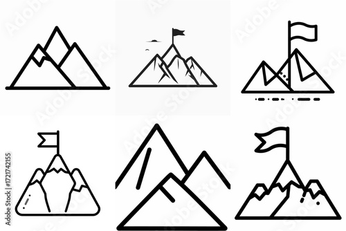 Mountain peak icons set, success achievement symbols.