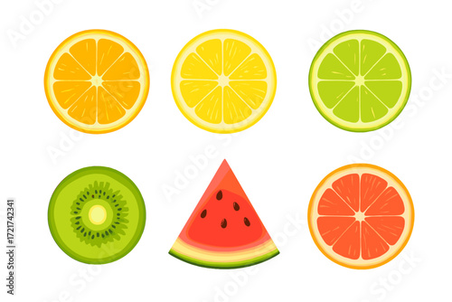 Assortment of vibrant citrus and tropical fruit slices including orange lemon lime kiwi watermelon and grapefruit