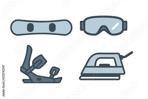 Collection of essential winter sports equipment including snowboard, bindings, and goggles alongside a common household ironing appliance