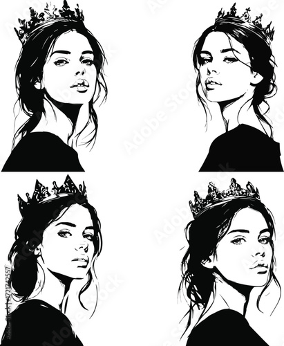 Vector art of four portraits of woman with crown, showcasing beauty