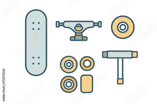 Essential skateboard components including deck, trucks, wheels, bearings, and T-tool for assembly and maintenance