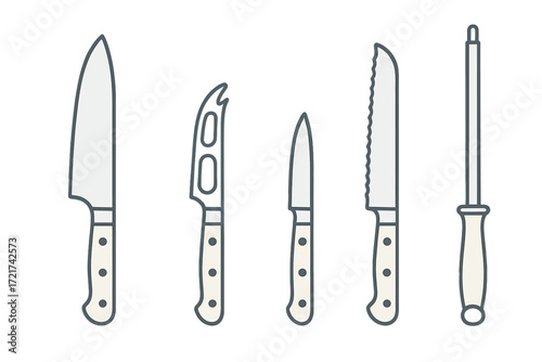 Essential kitchen cutlery set including chef's knife, cheese knife, paring knife, bread knife, and sharpening steel