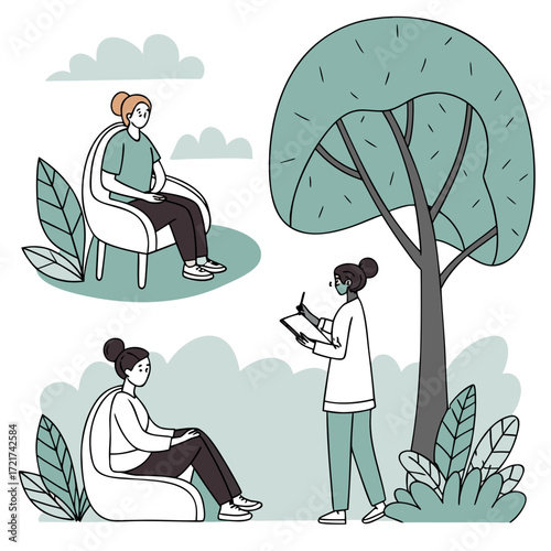 Illustrated scene of women in a park with one taking notes and two seated in chairs outdoors
