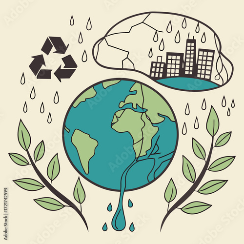 Healthy planet earth thriving with greenery and receiving restorative rain above urban buildings on.