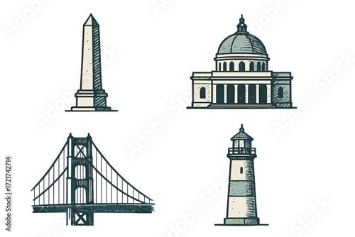Iconic American architectural landmarks set featuring a prominent obelisk, domed capitol building, suspension bridge, and coastal lighthouse
