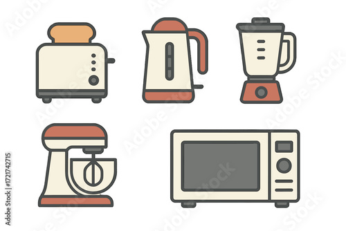 Modern household kitchen appliances set featuring a toaster, electric kettle, blender, stand mixer, and microwave oven