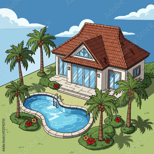 Cartoon illustration of a luxurious tropical villa with a private swimming pool, palm trees, and a beautifully landscaped backyard garden