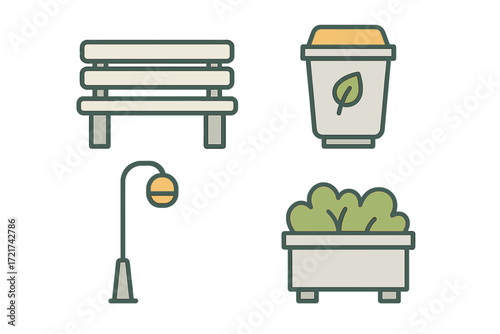 Collection of outdoor and urban design elements featuring a park bench, street lamp, coffee cup, and plant pot icons