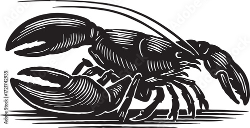 Detailed black and white woodcut illustration of a large crustacean with prominent claws and antennae on a textured background