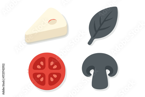 Assortment of fresh pizza ingredients including a slice of cheese, ripe tomato, aromatic basil leaf, and a mushroom cap