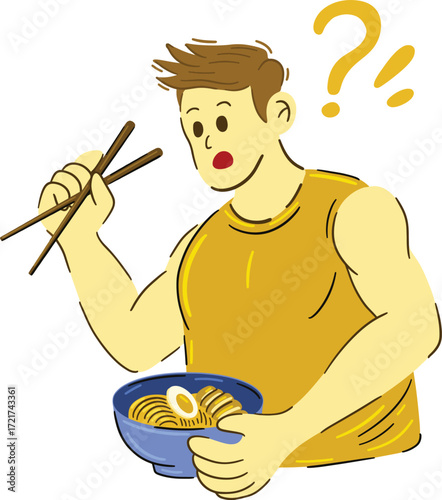 Cartoon man with chopsticks looks confused at ramen bowl