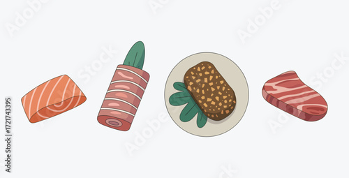 Delicious raw meat and fish cartoon illustration for food blog