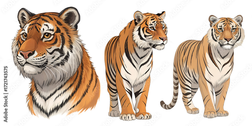 Obraz premium Various Tigers PNG – Cartoon and Realistic Tiger Illustrations on Transparent Background