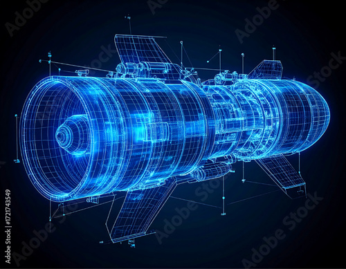 Wireframe model of a futuristic rocket engine, detailed blueprint design, glowing blue.
