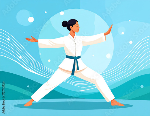 A woman in a white karate gi performs a martial arts stance against an abstract blue background.