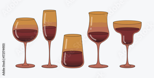Elegant Wine Glasses Illustration Various Styles on White Background Art