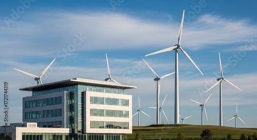 Modern office building with wind turbines
