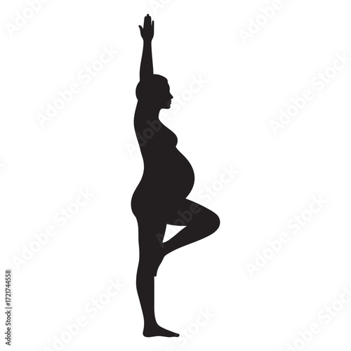 Silhouette of a pregnant woman in a yoga tree pose, symbolizing health and wellness during pregnancy