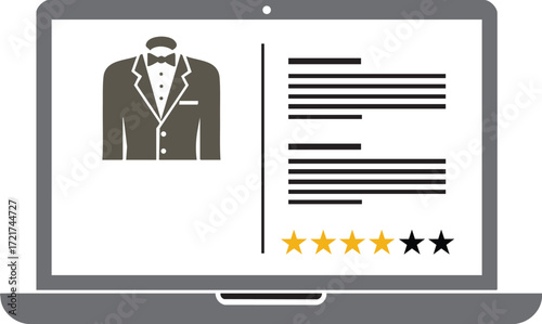 Stylish tuxedo product review with five star rating on laptop computer screen for online retail