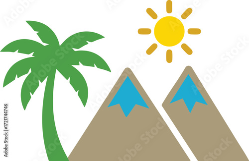 Tropical island paradise with palm tree and sun for vacation getaway travel destination graphic design