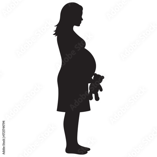 Silhouette of a pregnant woman holding a teddy bear, symbolizing motherhood and new life