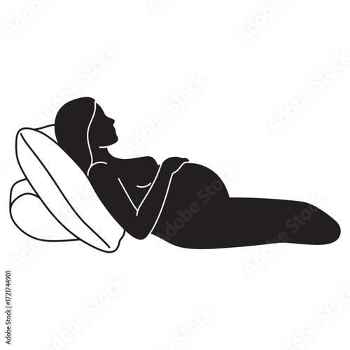 Silhouette of a pregnant woman resting on her side with a pillow, symbolizing comfort and pregnancy support