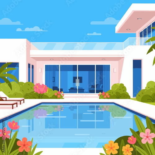 A vibrant illustration of a modern luxury house with a beautiful backyard swimming pool, representing a dream home and an affluent lifestyle