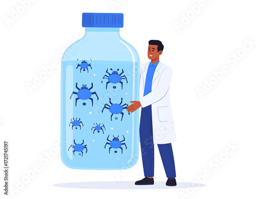 A scientist holds a large bottle containing blue insects, likely for research or study.