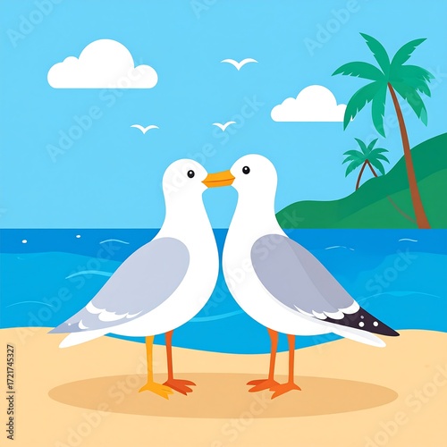 Two gulls kissing on a beach