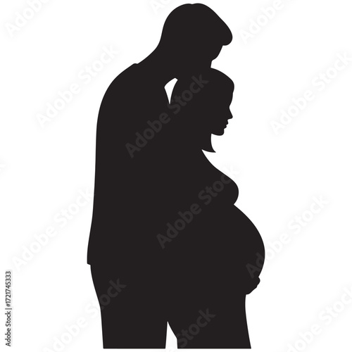 A silhouette of a pregnant woman and a man standing together, representing pregnancy and parenthood