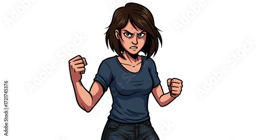 Angry Woman Expression Aggressive Pose Ready for Fight Isolated on Transparent Background