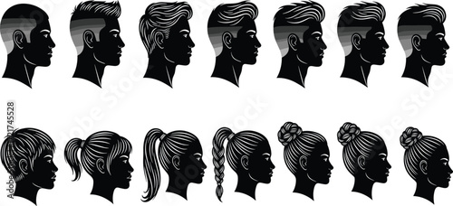 Black and white silhouette profiles of twelve diverse male and female hairstyles, showcasing modern hair fashion, beauty trends, and stylist inspiration