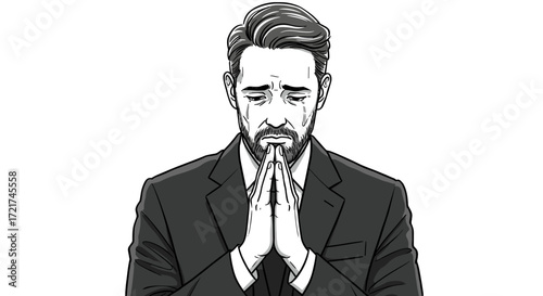 Man praying with hands clasped conveying strong emotion and hope isolated on transparent background