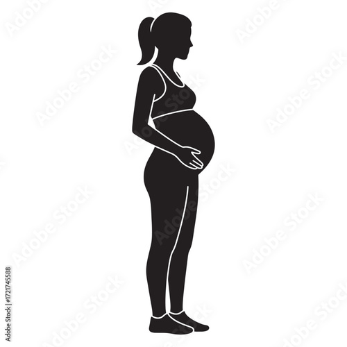 Silhouette of a pregnant woman in profile view, showcasing her baby bump and fitness attire, representing health and maternity