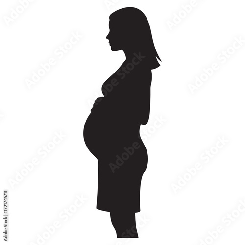 Silhouette of a pregnant woman standing in profile, gently holding her belly. A graphic illustration representing maternity and expectation