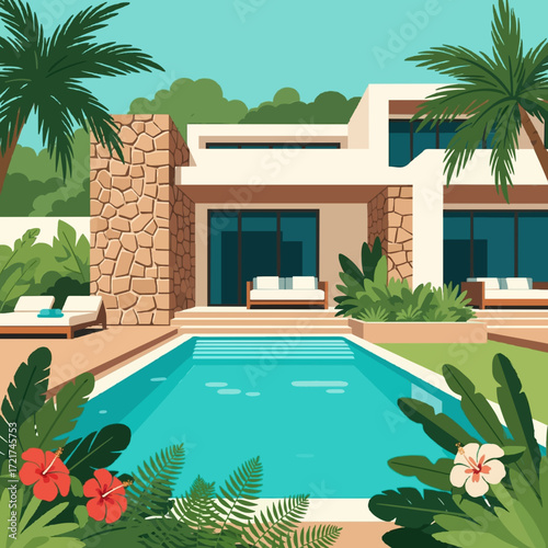 Dream vacation getaway at a modern tropical resort villa with a private swimming pool and lush garden landscape