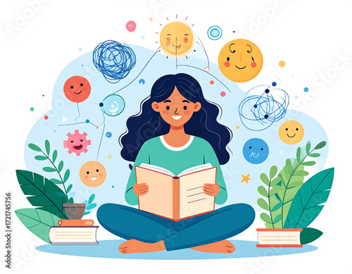 Woman joyfully reading a book, surrounded by positive emotions and thoughts, amidst plants and books.