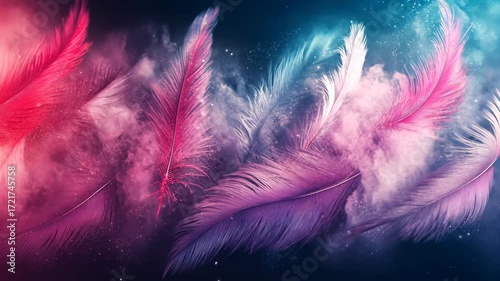 Colorful Feathers Floating in Space.
