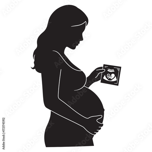 Silhouette of a pregnant woman holding an ultrasound picture of her baby, symbolizing anticipation and new life