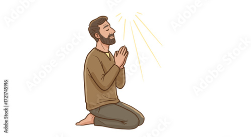 Man praying devoutly with divine light shining down isolated on transparent background