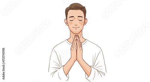 Young Man Peaceful Praying Hands Meditation Zen Mindfulness Yoga Pose Isolated on Transparent Background
