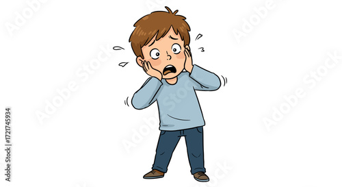 Scared Young Boy Holding Ears Tight Expression of Fear and Distress Isolated on Transparent Background