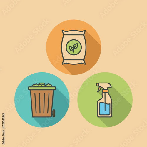 Organic gardening supplies arranged on a beige surface, including fertilizer, compost bin, and spray bottle, promoting ecofriendly practices for a sustainable lifestyle.