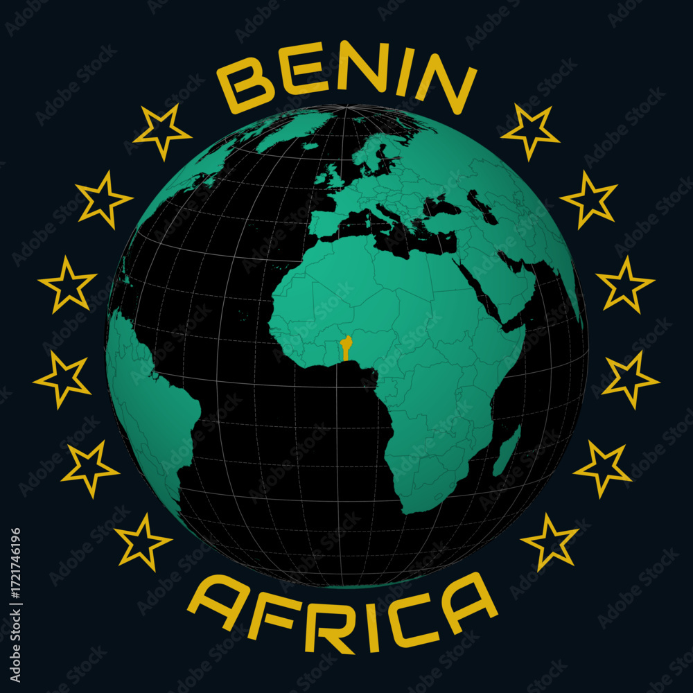 Obraz premium Republic of Benin on Globe. Round country and continent name text. Country view on world map in Black Emerald color palette. Benin shape on map. Trending vector illustration.